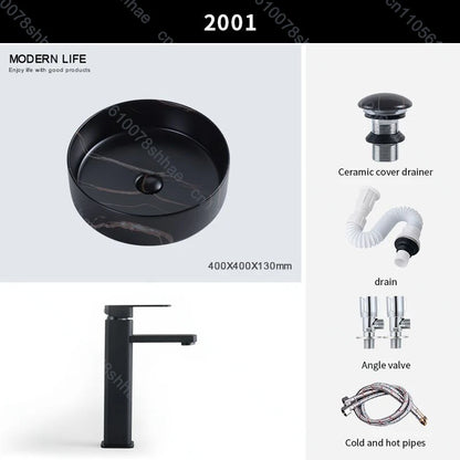 Luxuriöses Vintage-Keramikgefäßwaschbecken für Badezimmer, Waschtisch, Kunstbecken über der Theke, Waschbecken mit Abflusszubehör, Arbeitsplatte