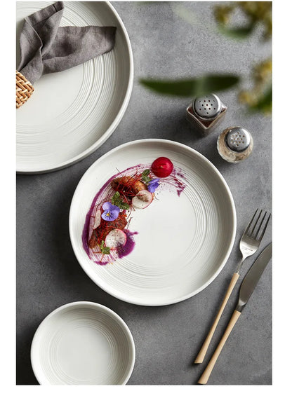 High end white ceramic steak brushed tableware, ceramic salad pasta plate dinner set plates and dishes ceramic plate sushi plate.