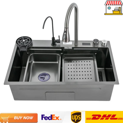 75 * 46 cm Edelstahl-Wasserfall-Küchenspüle mit ausziehbarem Wasserhahn, Seifenspender, Tassenwascher