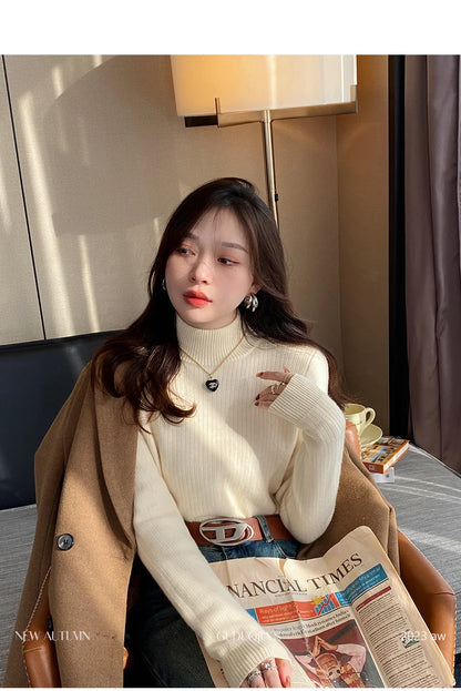 Women's Turtleneck Sweater Winter 2025 Retro with Velvet Lining Thickened Inner Wear Thermal Knitting Bottoming Shirt Pullovers.