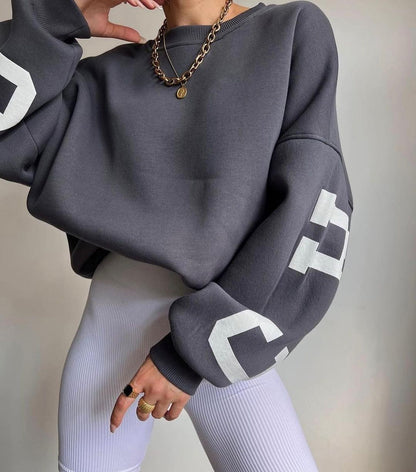 Combhasaki Damen Y2K Grunge Lose Pullover Sweatshirts Brief Drucken Lässige Verdickte Langarm Tops Herbst Hoodie Streetwear