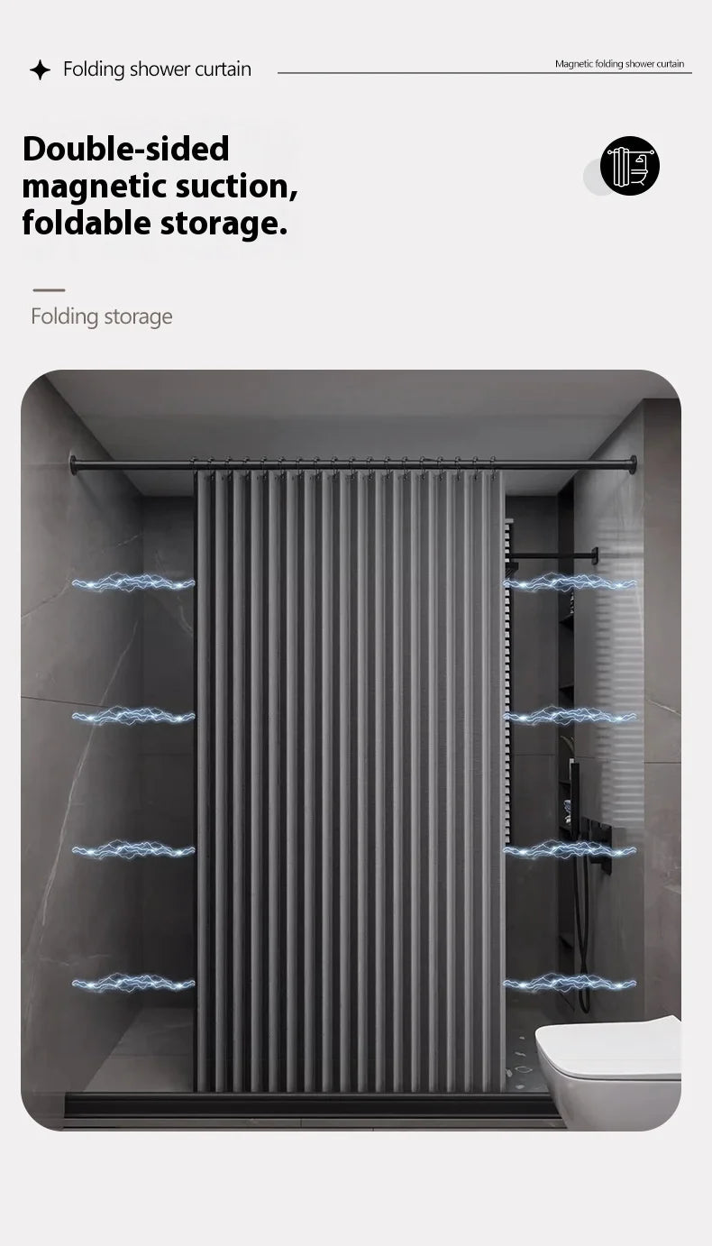 Badezimmer Faltbarer Duschvorhang aus Leinen mit Magneten, wasserdicht, geeignet für begehbare Duschen, Teleskopstange nicht im Lieferumfang enthalten