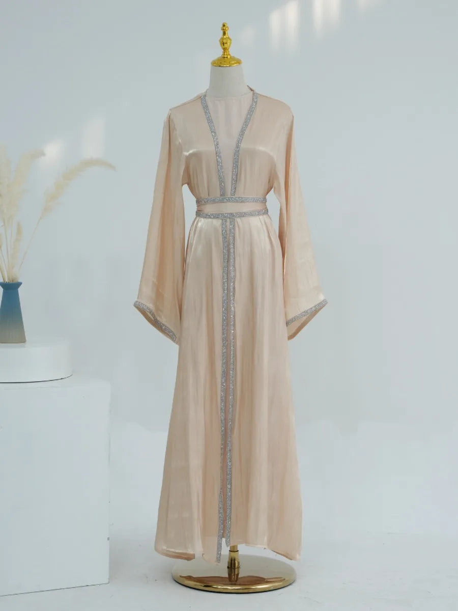 Muslim Abaya for Women Eid Dress 2 Piece Set Diamond Morocco Ramadan Lace-up Abayas Kaftan Islam Cardigan Dubai Arab Long Robe