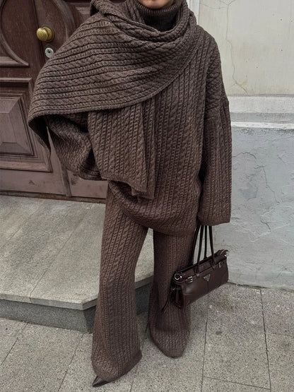 Bornladies Herbst Winter Mode frauen Neue Zopfmuster Pullover Breite Bein Hosen Set Weiche Wolle Mischung Lose Fit High Neck Pullover