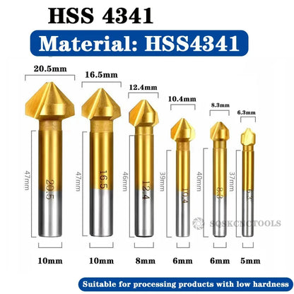 SLUGB 90 Grad 3-schneidiges HSS-Fasenfräser-Schaftfräser-Werkzeug für Holz, Stahl, Senker, Bohrer-Set, Elektrowerkzeug, fertig
