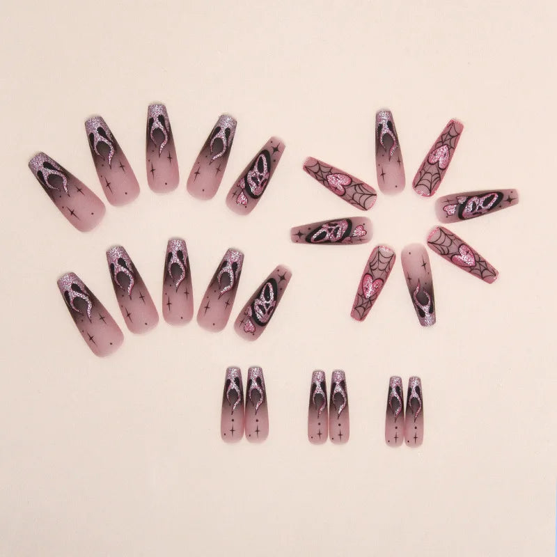 24pcs Glitter Pink Sequins Fake Nails 2025 Halloween Scary Skull Love Print False Nails Wearable European Ballet Press on Nails.