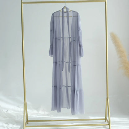 Chiffon Sheer Open Abaya Set Hijabi Muslim Women Party Ramadan Islamic Clothing  Dubai Turkey Kaftan Crepe Kimono Open Abayas