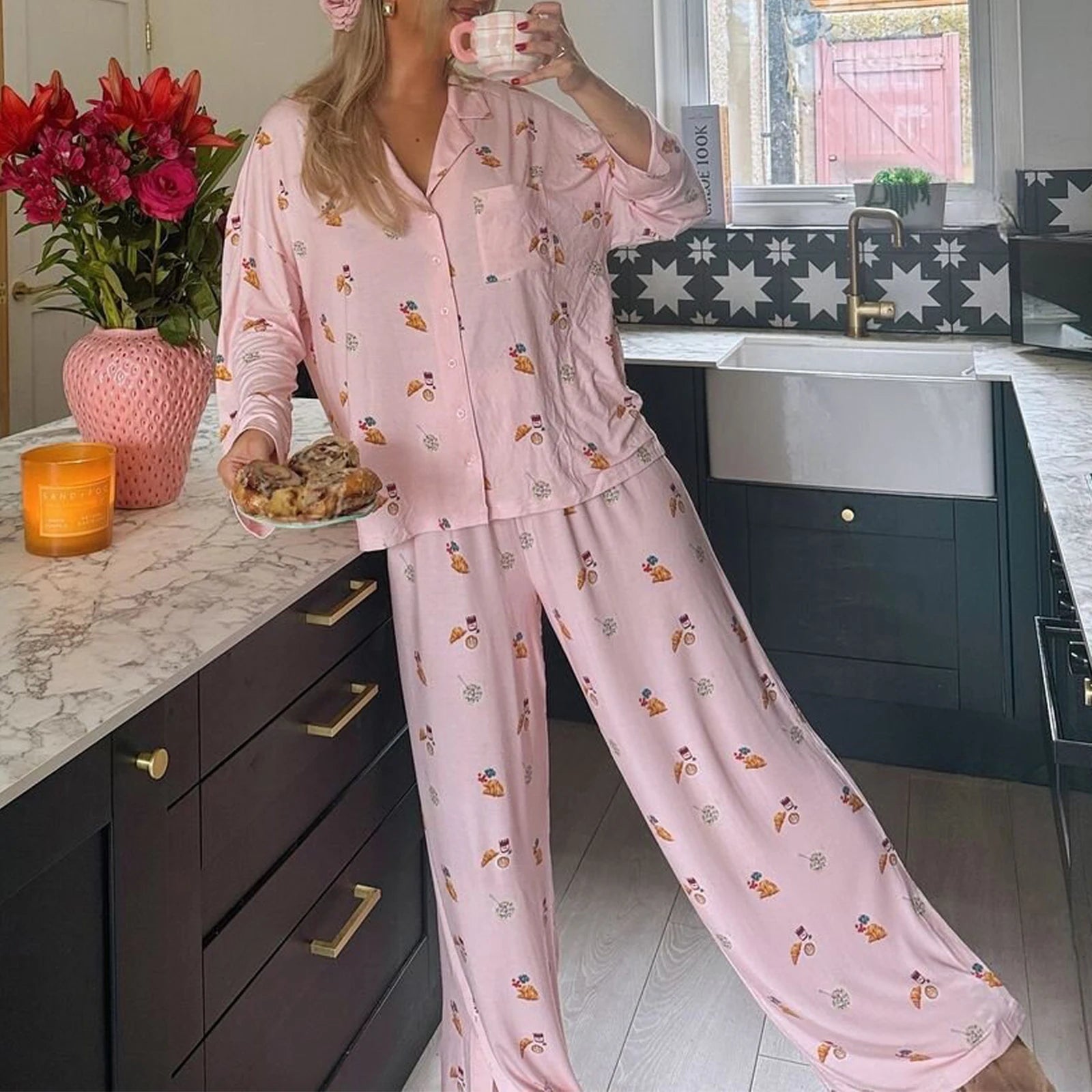 Maemukilabe Women Y2K Floral Pajama Set Long Sleeve Shirt and Pants Set Vintage 2 Piece Lounge Set Cute Bow Pjs Sleepwear.