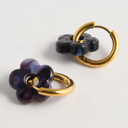 Colorful Flower Glass Drop Charms Earring Gold Color Circle Ear Buckle Hoops Stainless Steel Earrings Fashion Jewelry for Women