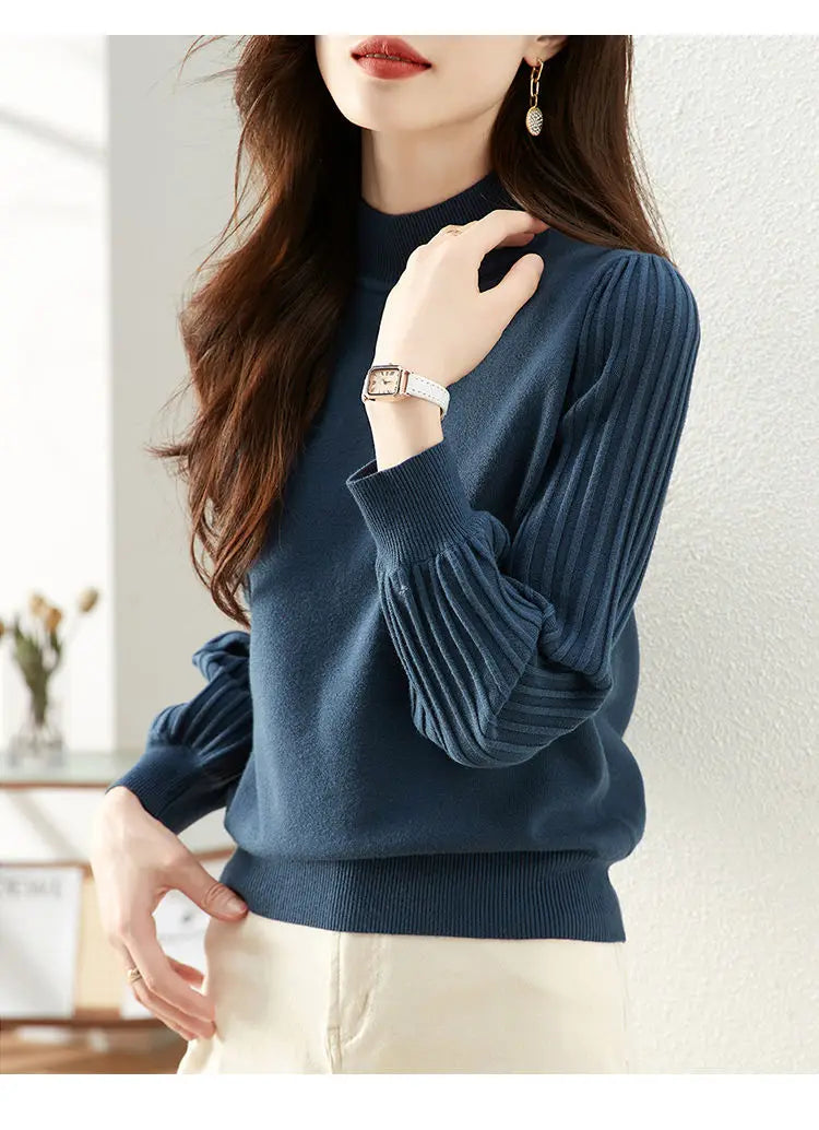 Women Half High Collar Base Sweater Autumn And Winter Casual Solid Knitted Tops Pit Stripe Long Sleeved Pullover Sweaters.