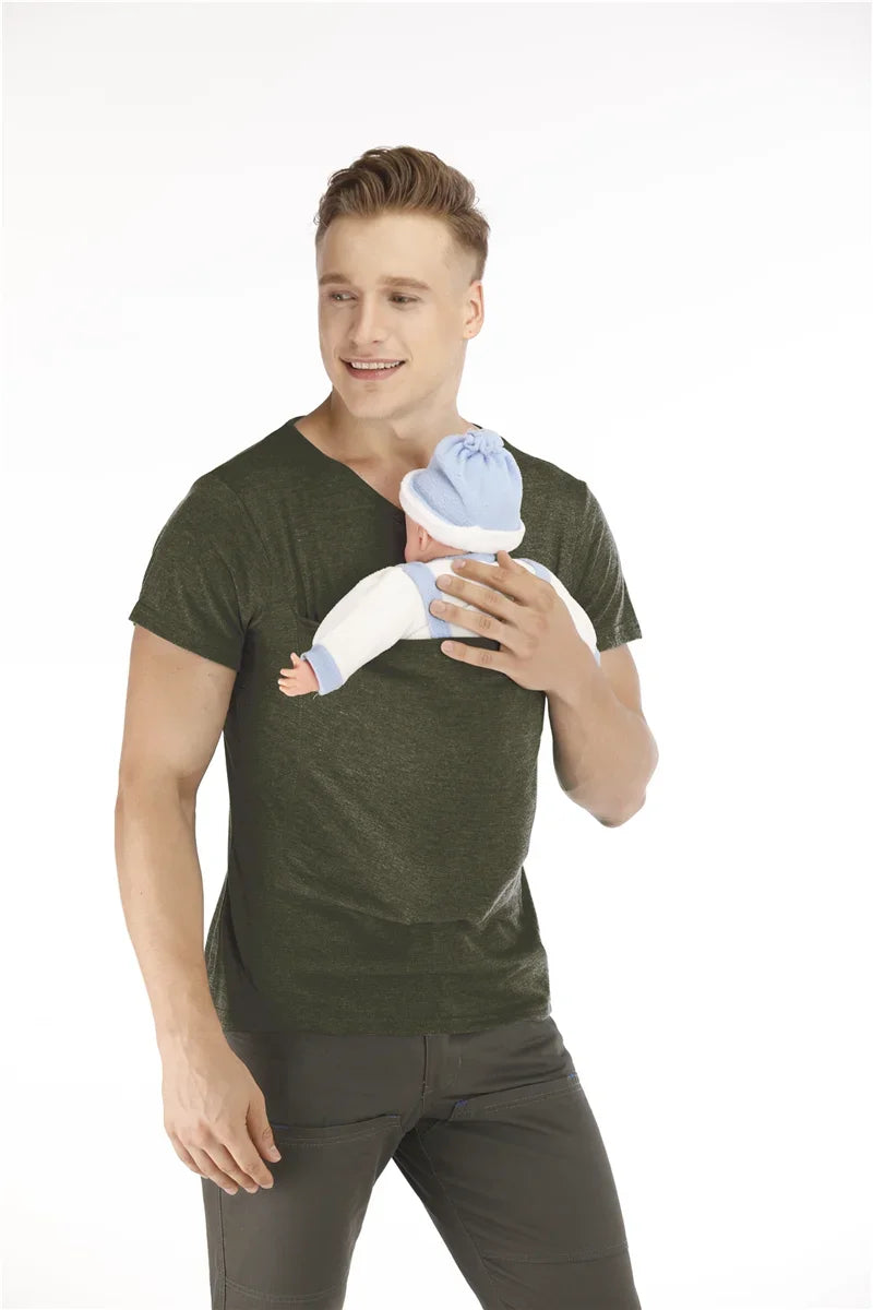 Safety Kangaroo Pocket T Shirt Baby Carrier Pregnancy Clothes Summer Short Sleeve Mother Father Top for Feeding Big Daddy Shirt.