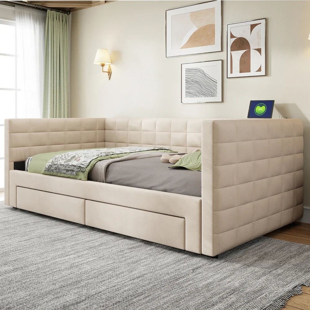 3-in-1 ausziehbares Schlafsofa 90 x 190 cm, Multifunktionsbett mit Schubladen, Einzel-/Doppelbett, Baumwolle und Leinen (Matratze nicht im Lieferumfang enthalten)