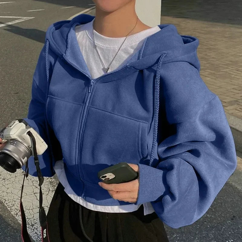 2024 Spring Autumn New Insfleece-lined Versatile Cropped Slims Smooths Silhouette Zip-up Warm Navy Blue Hooded Sweatshirt Women.