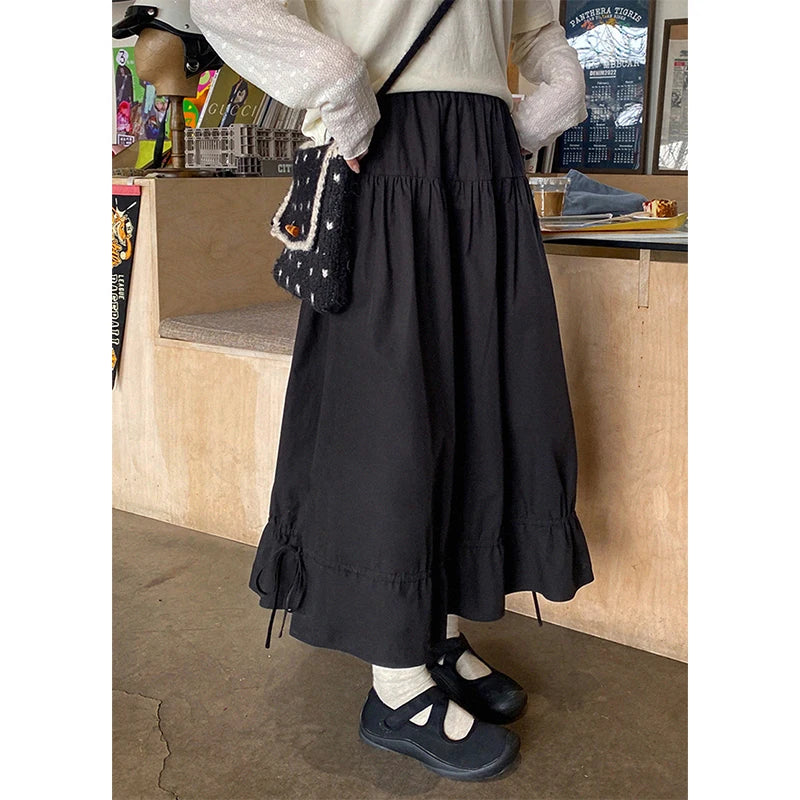 Vintage Black Midi Skirt Women Japanese Harajuku Drawstring Bud Skirts Summer Streetwear Korean Casual Design A Line Faldas New
