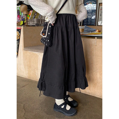 Vintage Black Midi Skirt Women Japanese Harajuku Drawstring Bud Skirts Summer Streetwear Korean Casual Design A Line Faldas New