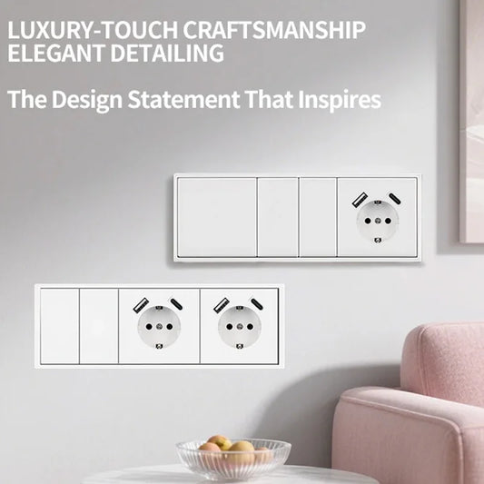 Europäische Wandsteckdose, EU-Steckdose, USB-Typ-C-Ladeanschlüsse, 1/2-Gang-Lichtschalter, 16 A 250 V, Unterputzmontage, weißes Panel, 80 x 80 mm.