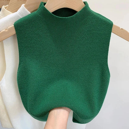 Frühling Herbst Temperament Gestrickte Pullover Weste frauen Hälfte-rollkragen Leibchen Cropped Top Ärmelloses Tank Top