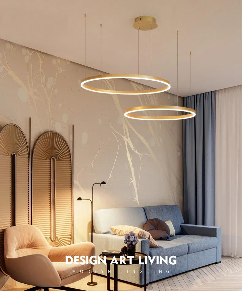 2025, moderner LED-Deckenleuchter für Zuhause, gebürstet, runde Ringe, montierte Anhängerbeleuchtung, Wohnzimmer, Gold, Kaffeefarbe, Hängelampe.