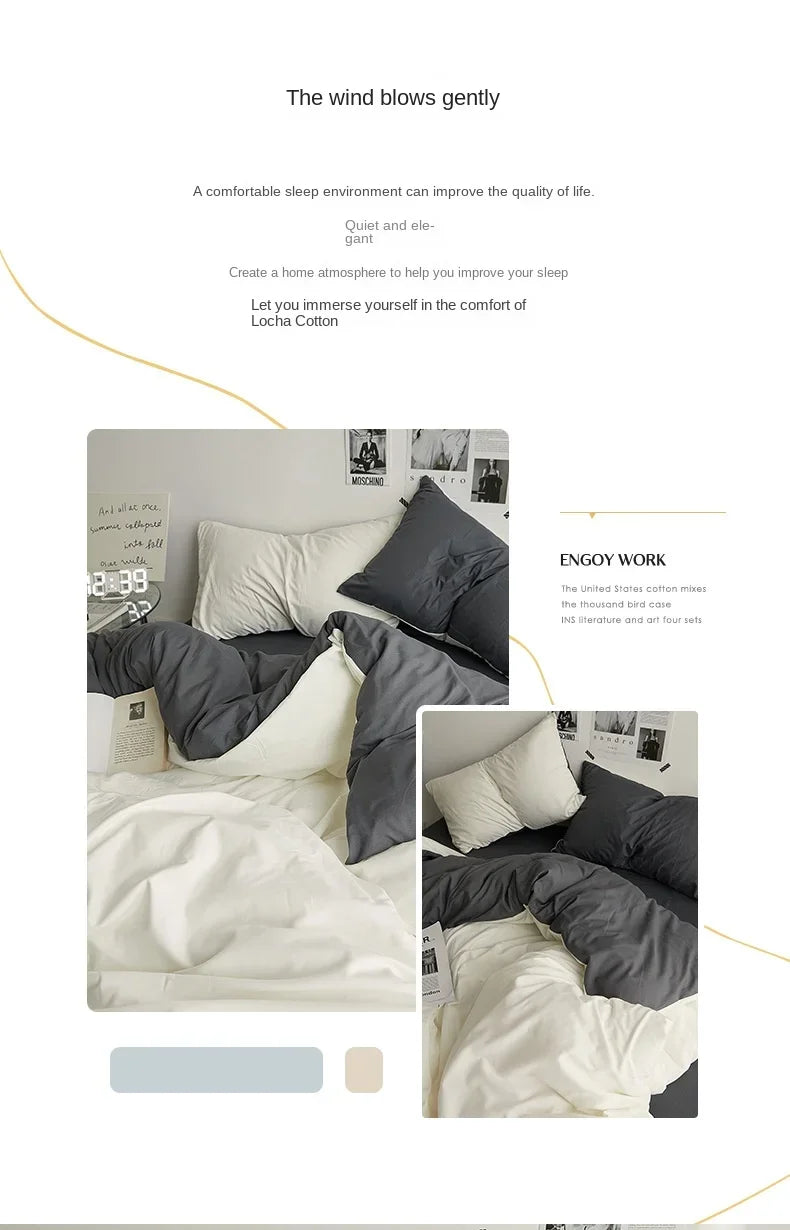 High Quality Solid Color Double Washed Cotton Bedding 4 Pieces Set Student Dormitory Bed Linen Duvet Set Bed Suit.