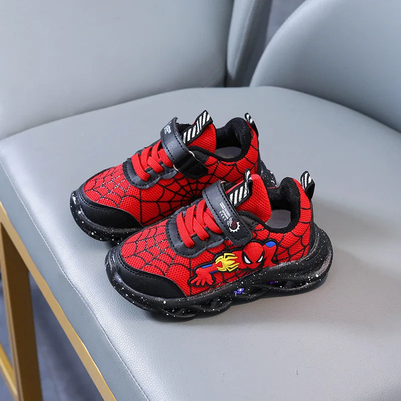 LED Casual Sneakers Red Black For Spring Boys Cartoon Mesh Outdoor Shoes Children Lighted Non-slip Shoes Size 21-30.