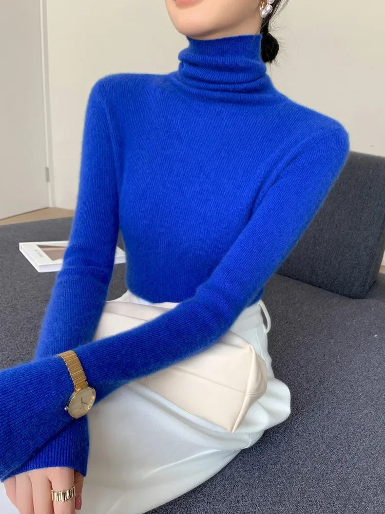2025 herbst Winter Rollkragen Warme Jumper Lässig Feste Dünne Strickjacke Frauen Langarm Gestrickte Pullover Einfache Basis Schicht Top
