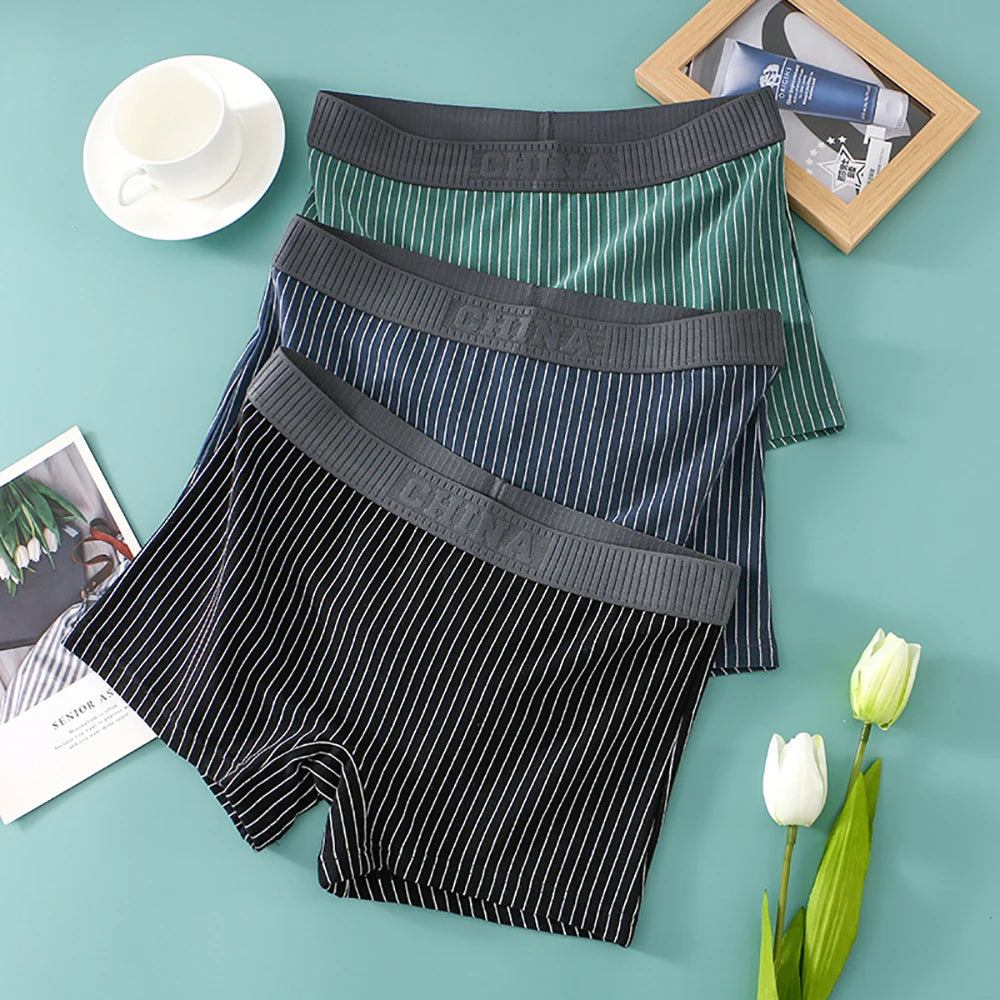 3PCS/Pack 100% Cotton Soft Panties Woman Trendy Striped Female Underwear Summer Breathable High Elastic Mid-rise Waist Boyshort