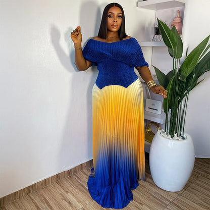 Women Plus Size Gradient Color Long Skirts And Tops Pleated 2 Piece Outfit Luxury Dubai Prom 2025 Casual For Female Fashion Sets.