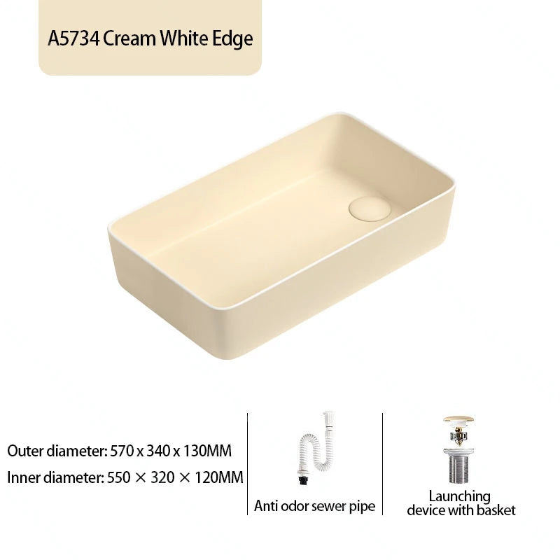 Rechteckiges Waschbecken aus Porzellan-Keramik für Badezimmer, modernes Waschbecken über der Theke mit Abflussset, Waschtischwaschbecken auf der Arbeitsplatte