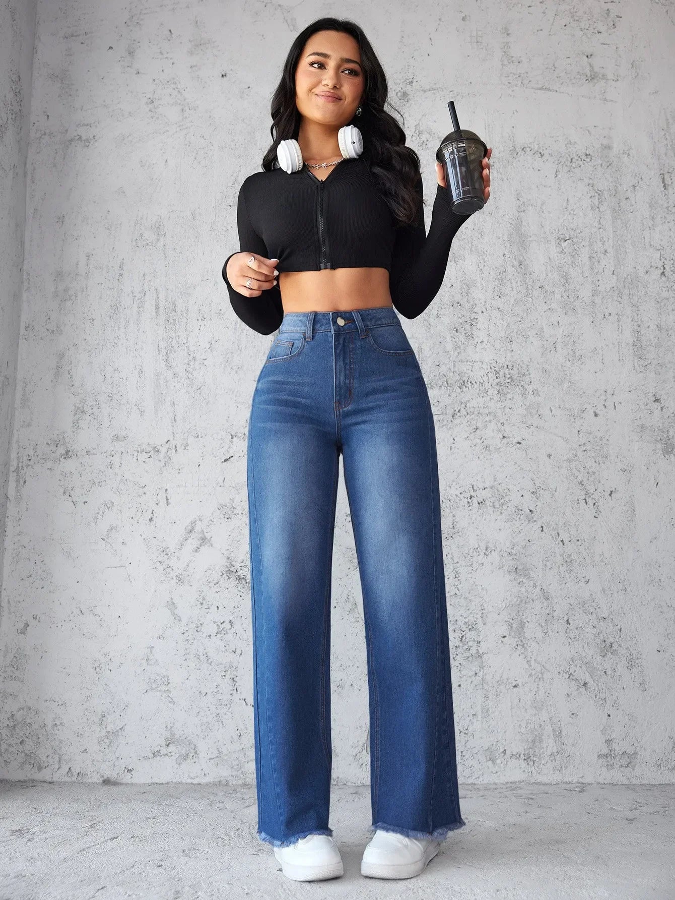 High Waist Wide Leg Denim Jeans Women's Spring 2025 Design Sensation Elegant No Stretch Comfortable Fit Female Fashionable.