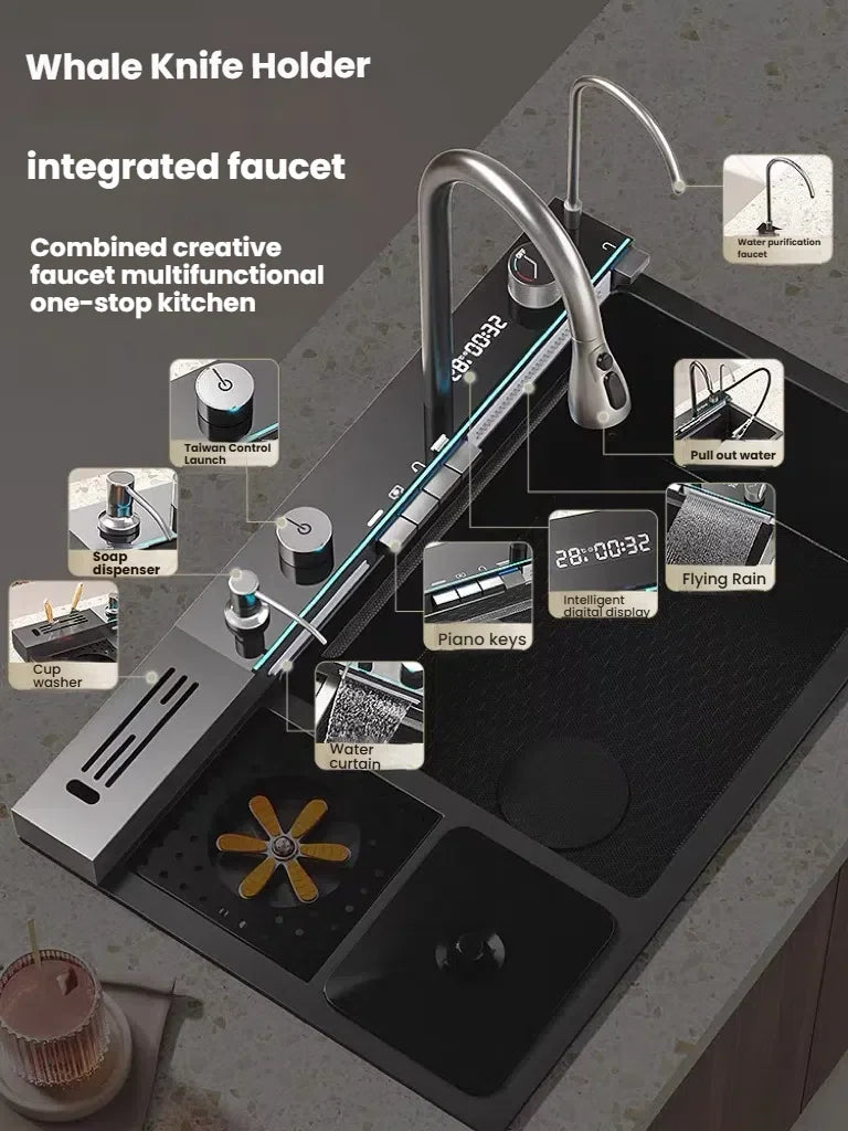 Large Single Slot Waterfall Stainless Steel Kitchen Sink With a Knife Holder and Trash Can Household Vegetable Washer Basin