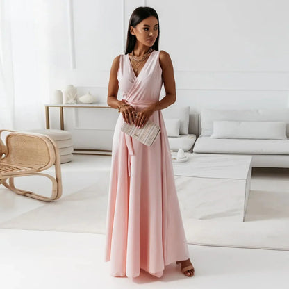 Frühling Sommer Neue Stil frauen Lange V-ausschnitt Kleid Reine Farbe Maxi Kleid Ärmelloses Empire-Taille Kleid für Damen Modische