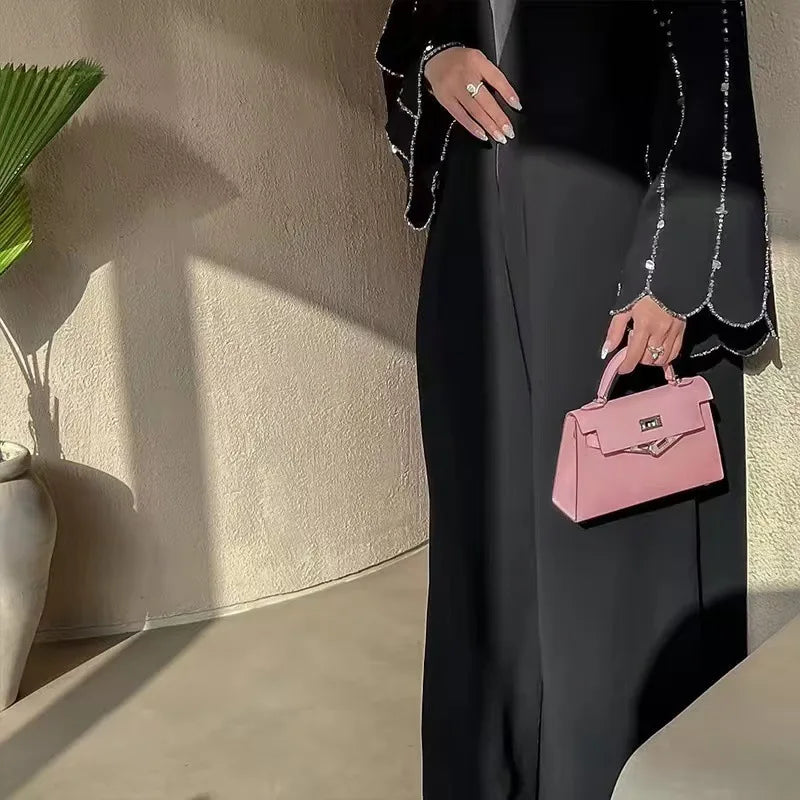 Middle Eastern Modest Dress with Pearl Sleeve for Muslim Women Ramadan Dubai Black Abaya Islam Party Jalabiya Outfit Turkey Robe.