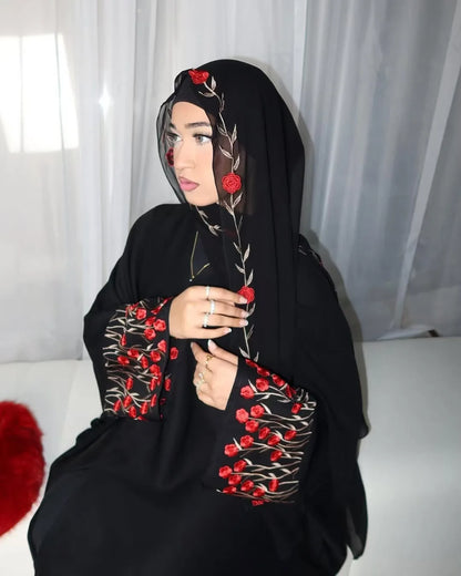 Islamic Clothes Black Flower Embroidery Abayas for Women Dubai Cardigan Muslim Saudi Open Abaya Kimono Luxury Hijab Dress Kaftan.
