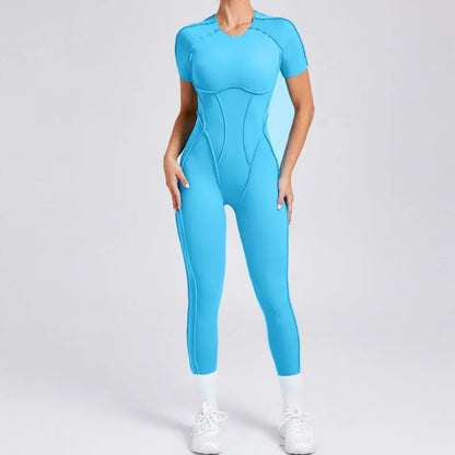 Seamless Yoga Jumpsuits Sports Fitness Hip-lifting Backless Short-sleeved One-piece Workout Gym Leggings Tracksuits for Women.