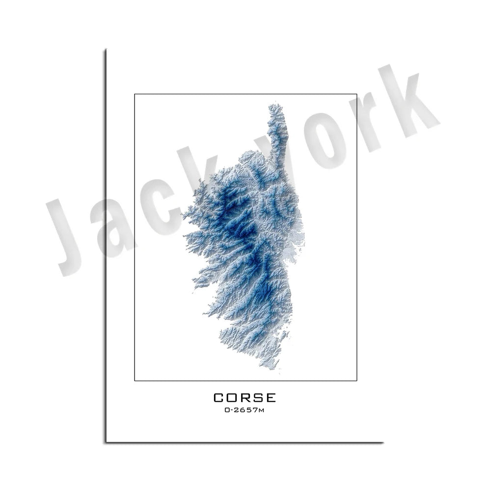 Corsica topographic map print, Corsica cities, France Corsica map print, road map art poster modern wall art decor.