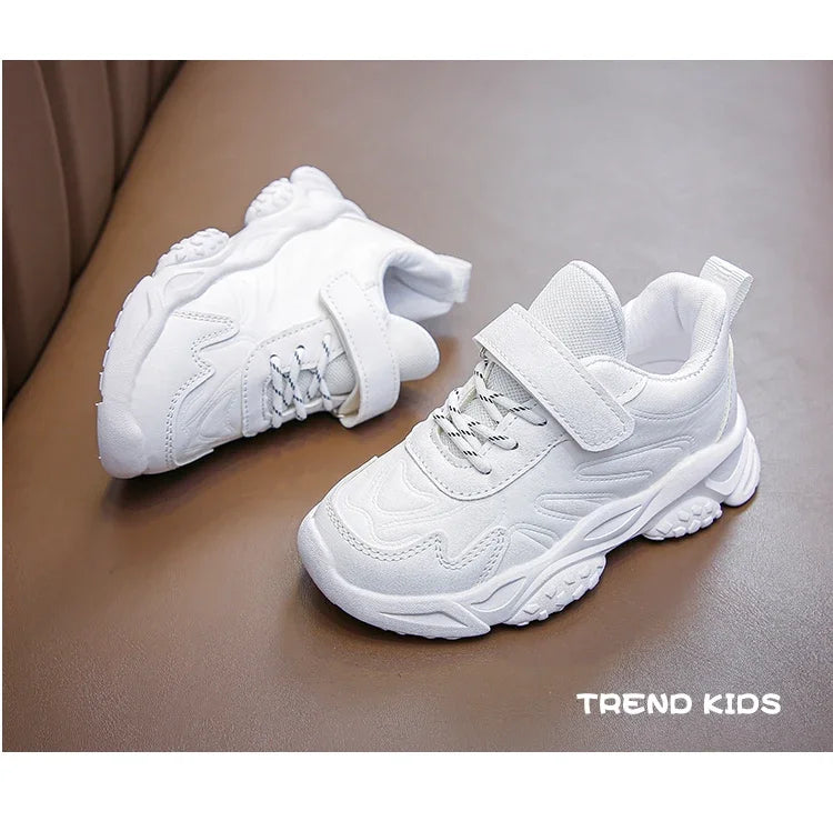 Children White Running Shoes Kids Fashion Sneakers PU Soft Breatheable Comfortable Boys Girls School Sports Shoes Size 26-37.