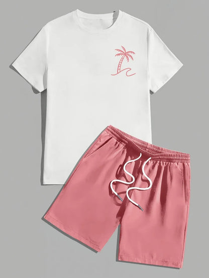 Hot selling men's summer coconut tree print comfortable and breathable round neck T-shirt shorts set outdoor vacation suit.