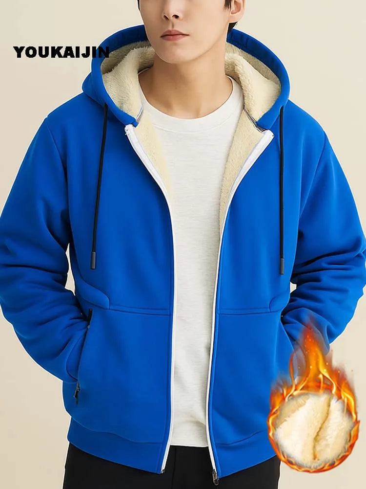 Men's Warm Fleece Hoodie Autumn Winter Sherpa Lined Full-Zip Solid Color Sweatshirt Jacket Coat.