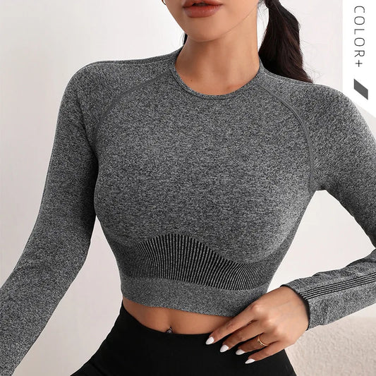 Woman Sports Workout Yoga Top Knitted Shirt Seamless Athletic Crop Top  Long Sleeve Workout Tops for Women Fashion Gym Clothes.
