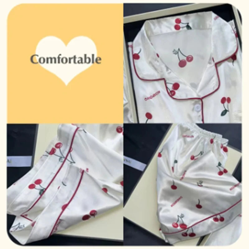 Zweiteiliges Pyjama-Set mit Kirschdruck, Sommer-Pyjama mit künstlichem Fleck, modische Heimkleidung, lässige Damen-Shorts und Top-Set, Pyjama.