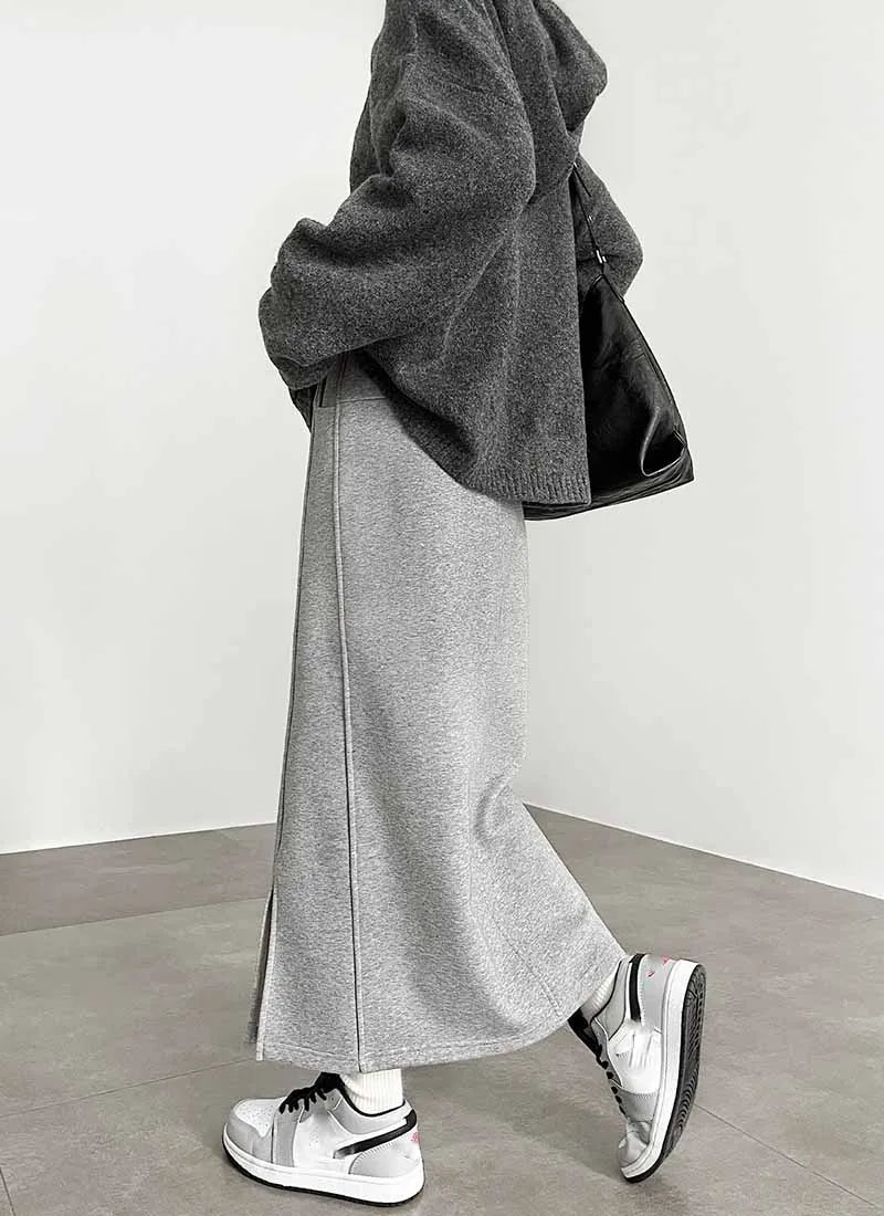 Women's Gray Split Midi Skirts Elasticity Waist Casual Loose Long Skirts Female Autumn Winter Thicken Plus Velvet Straight Skirt.