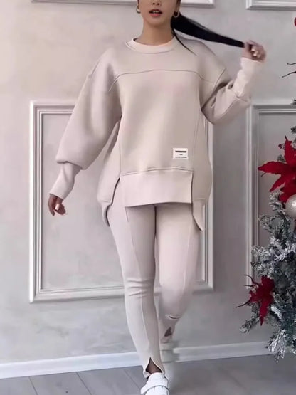 Women's Casual Sweatshirt Sports Set Autumn Winter Fashion Solid Loose Irregular Sweatshirt Top And Slim Trouser Two Piece Sets.