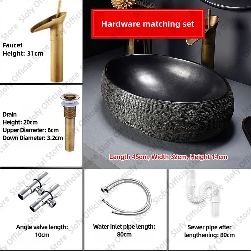 Retro-Kunst-Keramikwaschbecken, mehrere Stile, schwarzes Waschbecken, Einzelschüssel, Low-Key-Luxus-Aufsatzwaschbecken für Haushalt, Hotel, Badezimmer