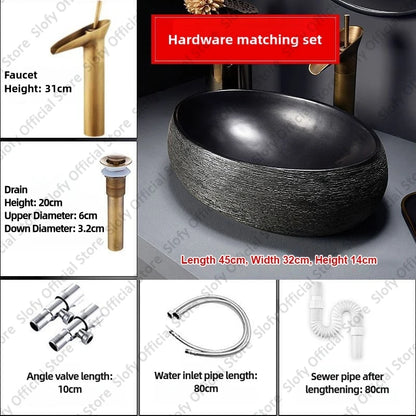 Retro-Kunst-Keramikwaschbecken, mehrere Stile, schwarzes Waschbecken, Einzelschüssel, Low-Key-Luxus-Aufsatzwaschbecken für Haushalt, Hotel, Badezimmer