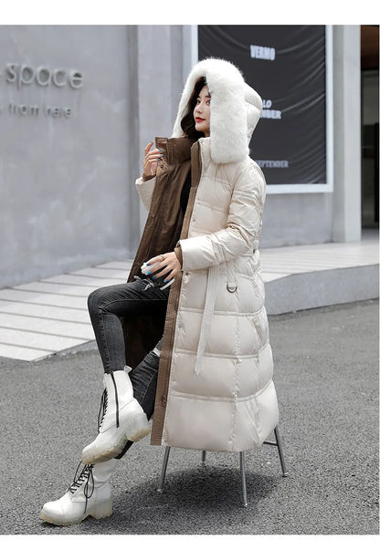 2024 neue Winter frauen Gepolsterte Jacken Mid-länge Modische Mit Kapuze Große Pelz Kragen Lose Dicke Unten Baumwolle Oberbekleidung damen
