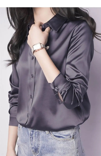 Spring Summer Casual Women's Satin Shirt Lapel Long Sleeve Blouse Loose Solid Color Office Lady Fashion Shirts Top.