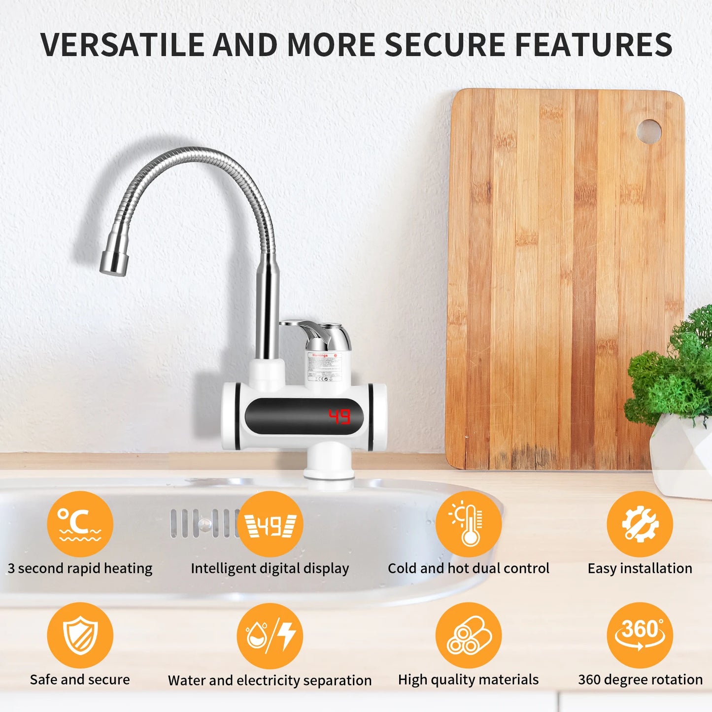 Instant Hot Water Tap Electric Instant Heater Boiling Tap EU 220V Faucet Fast Hot Water Tap with LED Digital Display for Kitchen