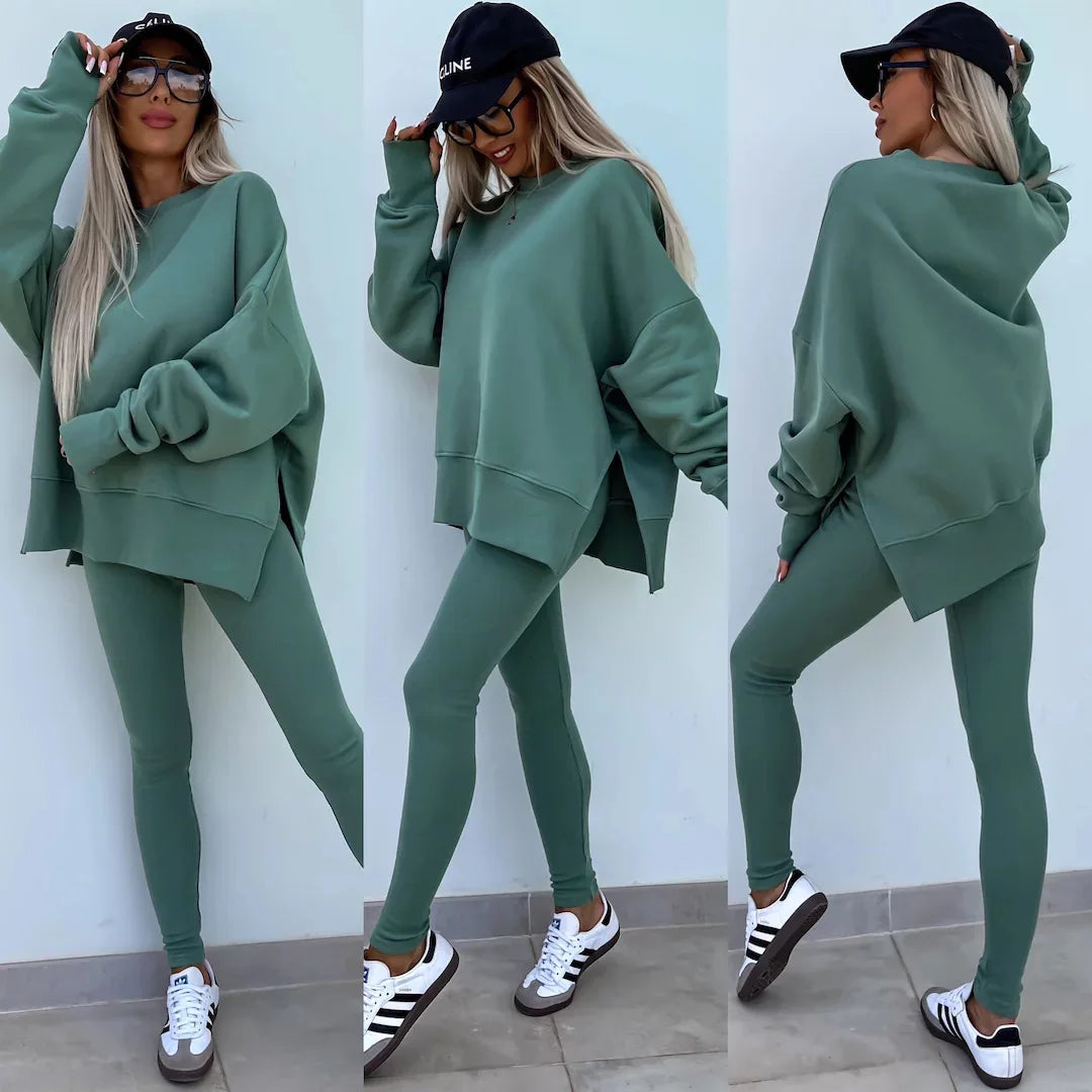 Women Pant Sets Two Pieces Tracksuit Solid Loose Sweatshirts Split Pullover Pencil Pants High Street Autumn Winter 2024.