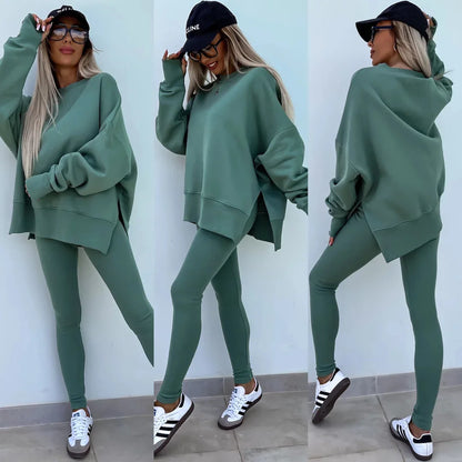 Women Pant Sets Two Pieces Tracksuit Solid Loose Sweatshirts Split Pullover Pencil Pants High Street Autumn Winter 2024.