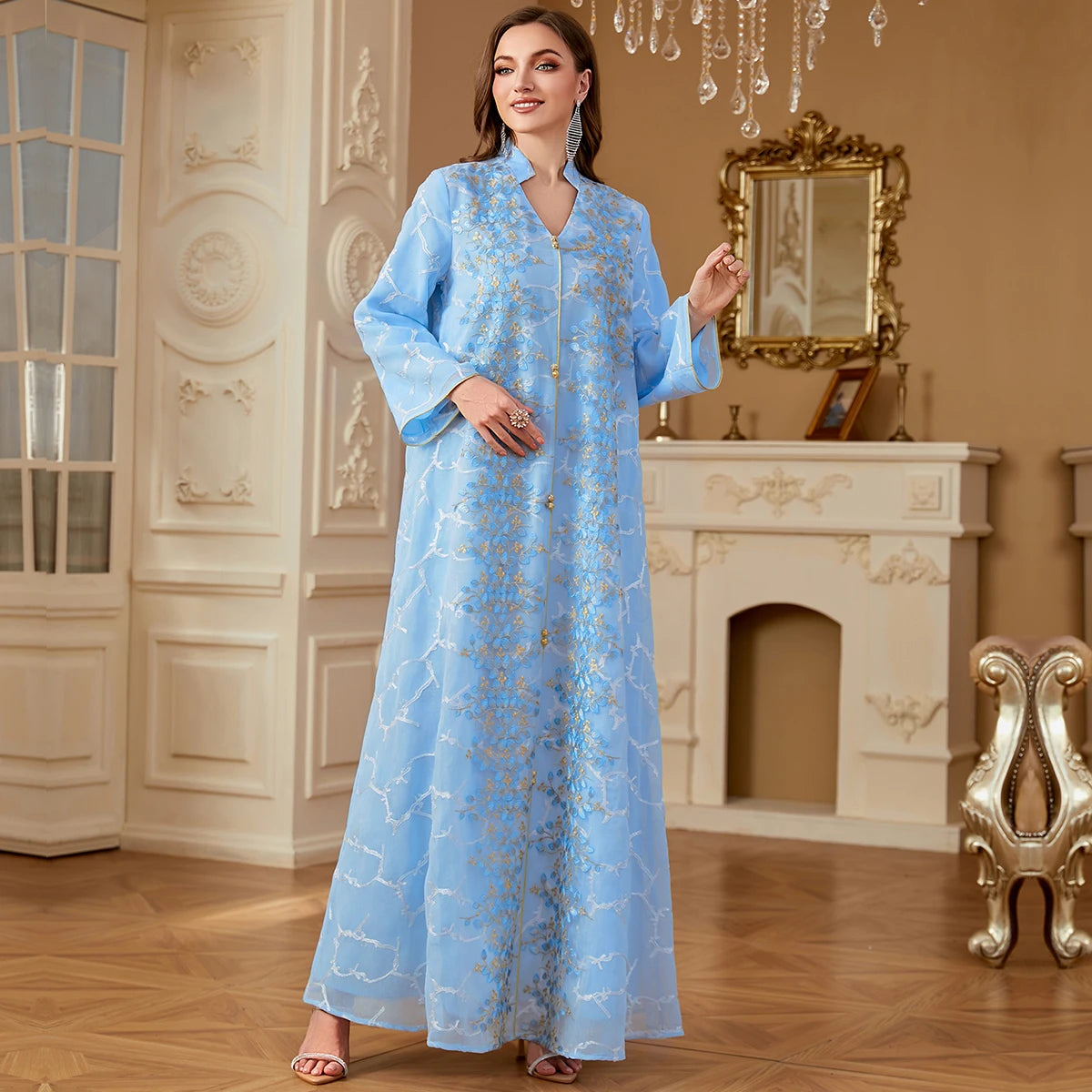 Uni Ramadan Dubai Woman’s Abayas Embroidered Sequin Floral Patter V-Neck Elegant Casual Kebaya Muslim Moroccan Long Dress.